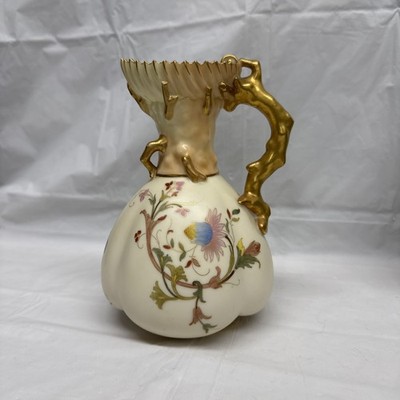 Antique Royal Worcester Coral Handle Pitcher Hand Painted Flowers Ewer Jug Vase