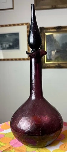 BEAUTIFUL HTF VINTAGE MCM DEEP PURPLE BLENKO CRACKLE GLASS DECANTER W/STOPPER