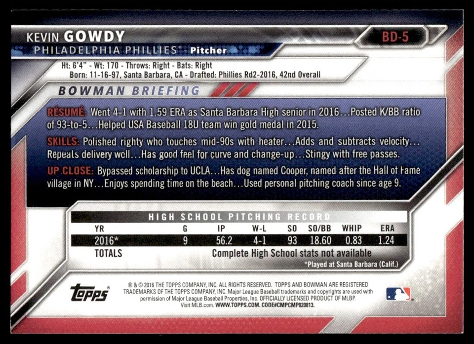 2016 Bowman Draft Picks & Prospects Kevin Gowdy Philadelphia Phillies #BD-5 - Image 2 of 2
