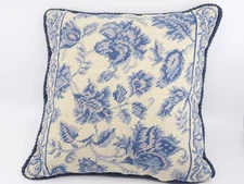 Hand-Stitched Blue Floral Needlepoint Pillow with Velvet Back