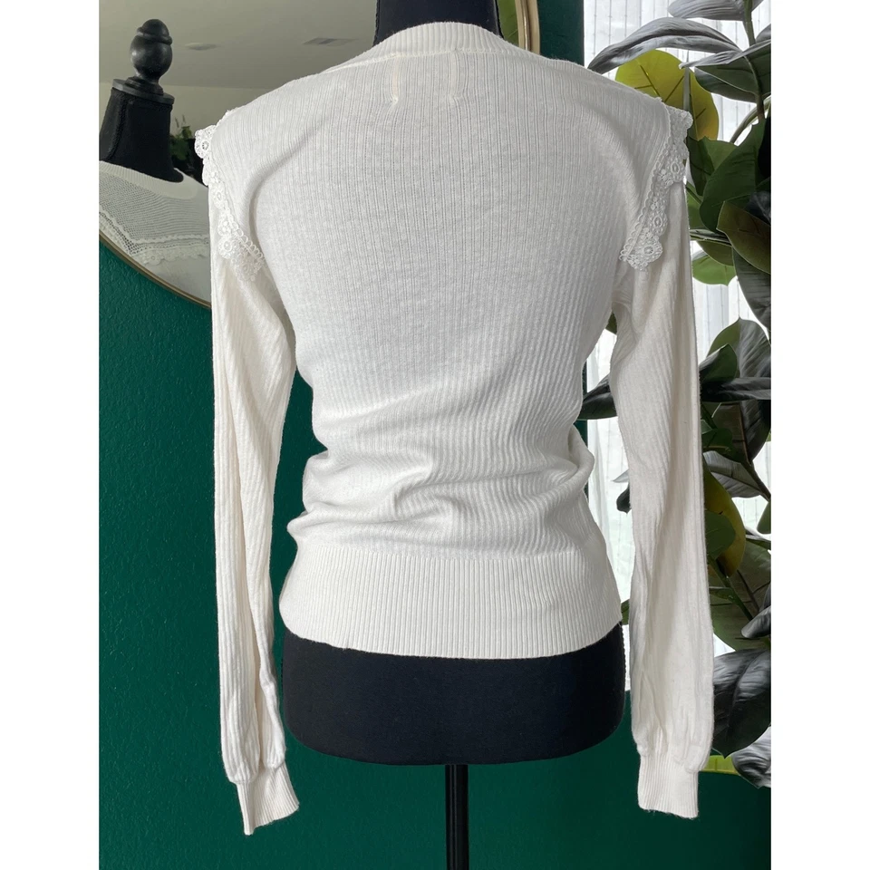 Elie Tahari Sweater Women XS Ivory Long Sleeve Ribbed Knit Lace Trim Cottagecore - Image 4 of 4