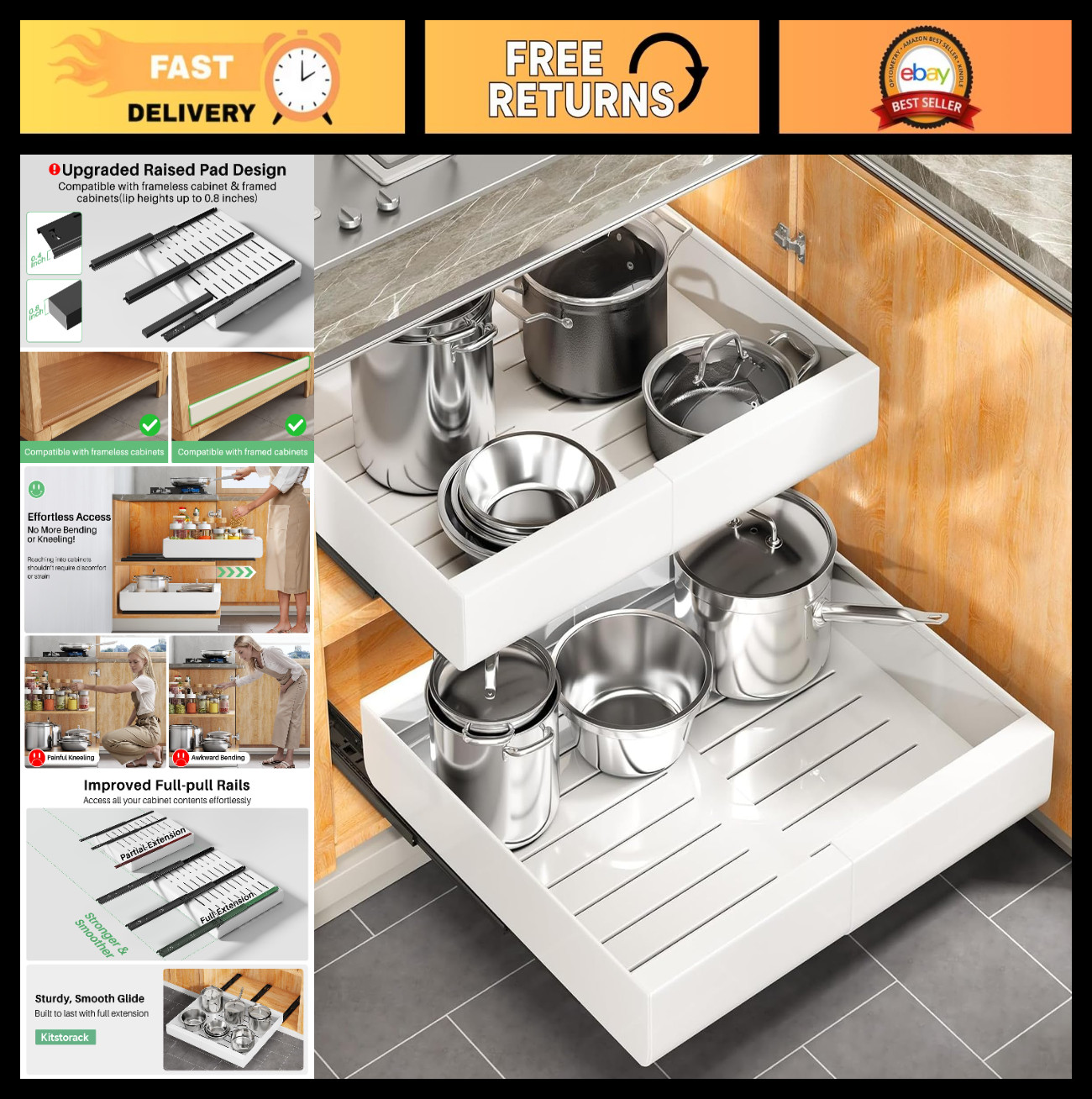 Expandable Pull-Out Cabinet Organizer 2-Pack, Heavy Duty Slide-Out Drawers for K