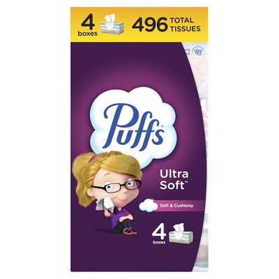 Puffs Ultra Soft Facial Tissues, 4 Family Size 124 Count (Pack of 4), White 