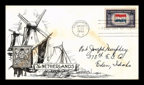 US COVER NETHERLANDS OVERRUN COUNTRIES FDC SCOTT 913 LOWRY CACHET TORN FLAP