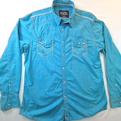 Buckle Black Western Pearl Snap Shirt Mens Large Blue Contrast Stitch Y2K Rodeo