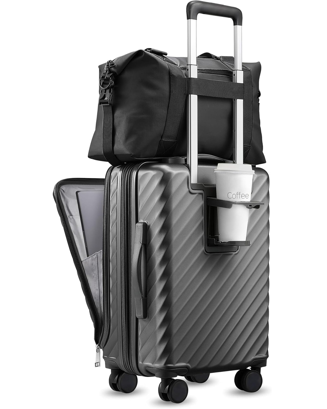 Carry On Luggage with Front Compartment and Cup Holder, KVF Expandable PC Har...-image