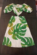 Farm Rio Monstera Cutout Waist Linen Blend Midi Dress Size M 