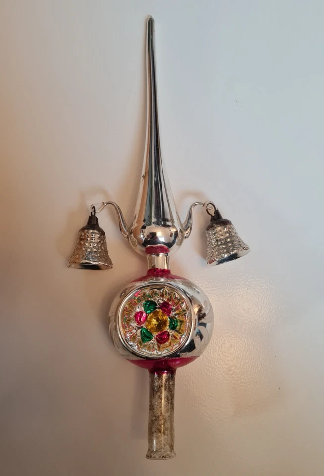 Christbaumspitze, Weihnachtsbaumspitze, alt, Glas mit Einstichkugel + Glöckchen - Bild 2 von 4