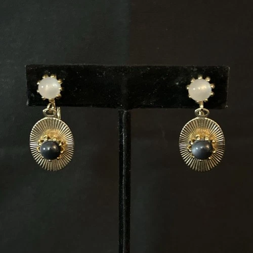 Vintage Moonstone Clip-On Earrings Gold Tone  Dangle Black White Costume Jewelry