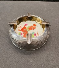 Aschenbecher 900 Silber Vietnam 69g  Porzellan Sch&auml;lchen Drachenmotiv Asiatika