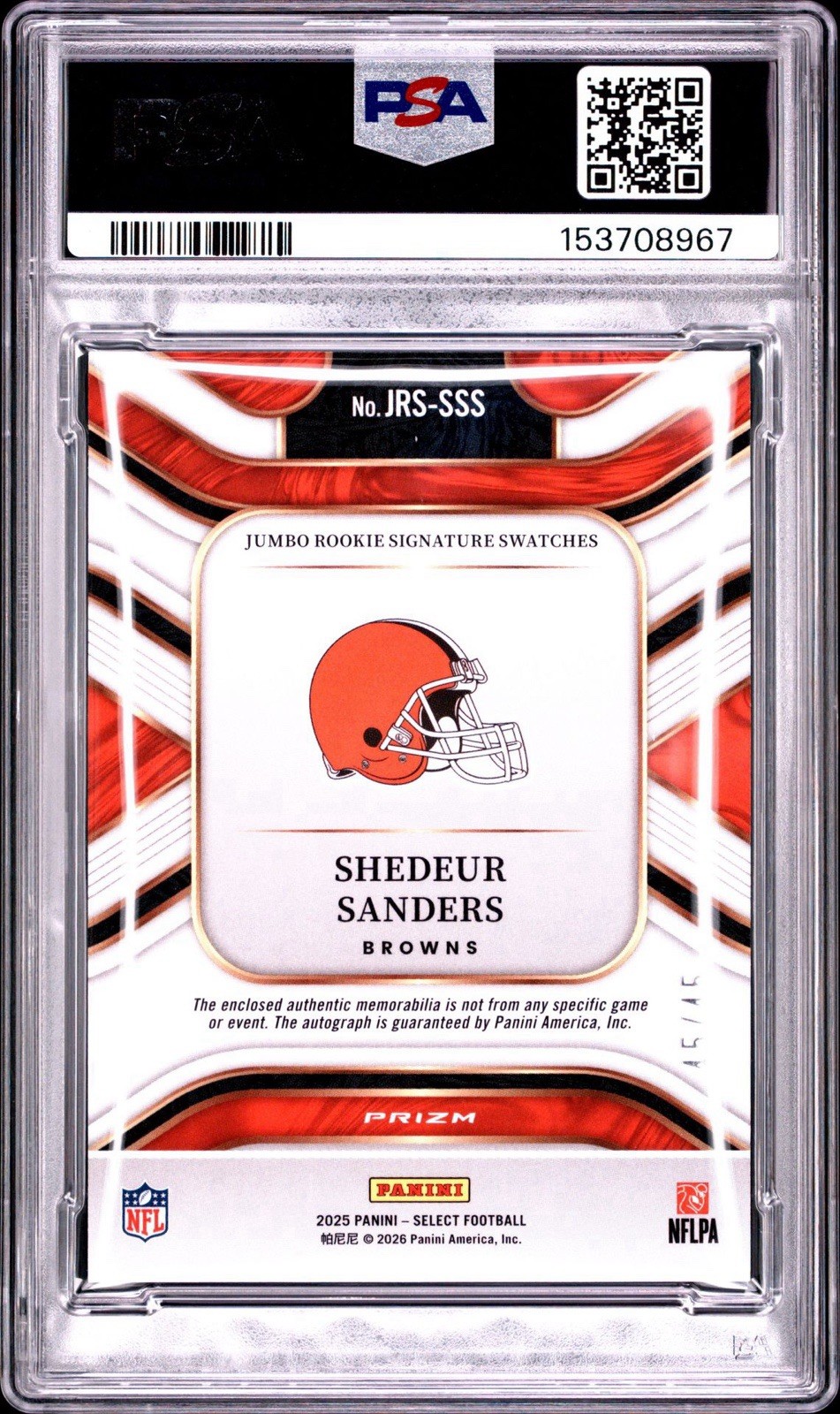2025 Panini Select Shedeur Sanders Orange Pulsar FOTL Jumbo Rookie RPA /45 PSA 8 view 2