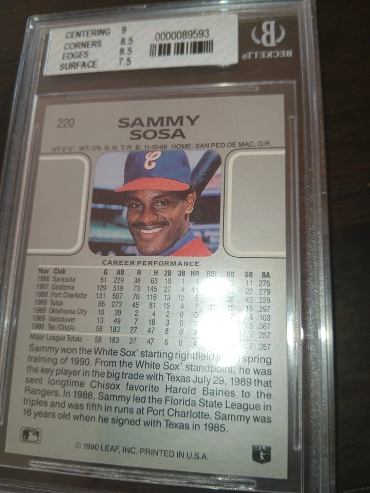 1990 Leaf - Sammy Sosa #220 (RC) - Image 2 of 2