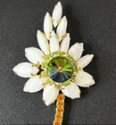 Vintage Milk Glass & Rhinestone Brooch - Rivoli Center Peridot Green Unsigned