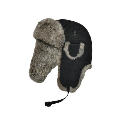 Rabbit Fur Trim Hat Trapper Fitted Mens M Black Ear Flap Winter Outdoor Warm