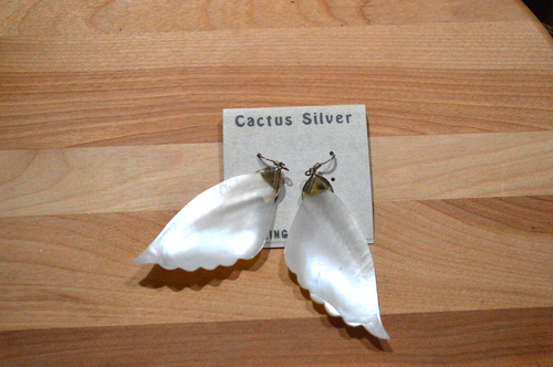 Sterling Silver White Shell Carved Feather Wing Design Earrings - Picture 2 of 5
