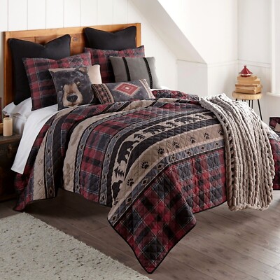 Donna Sharp Canoe Trip Southwestern Cozy Cabin Bear 3- Pc Quilt Set Red & Tote