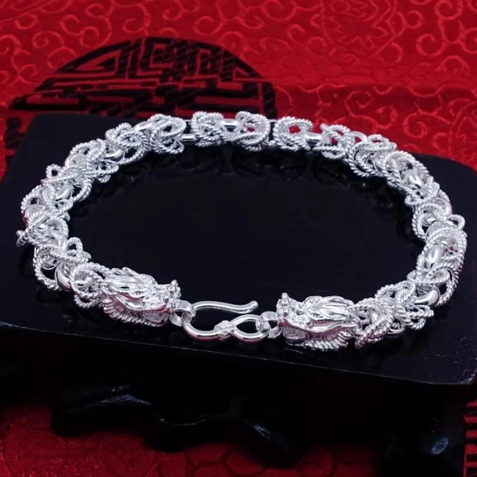 Pure 999 Fine Silver Men Women Dragon Head 7.5mm Byzantine Bracelet 30-31g/9inch - Image 4 of 4