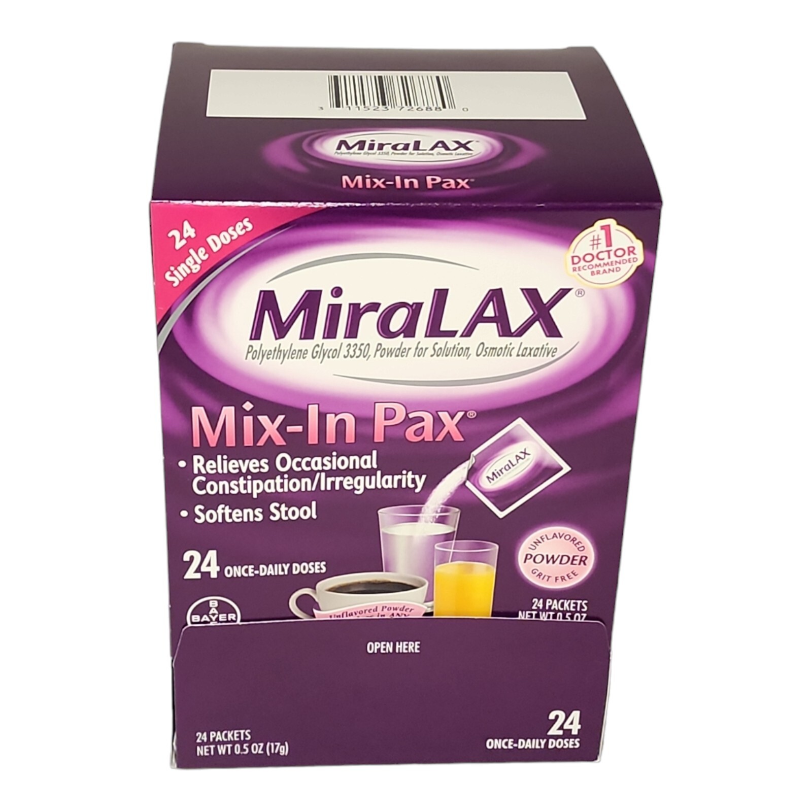 MiraLAX Mix In Pax Laxative Powder 24 Packets 17g Each Easy Store Box Miralax mix in pax laxative powder 24 packets 17g each easy store box