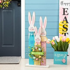 Glitzhome Easter Wooden Bunny Family Standing Porch Sign Multiful Color