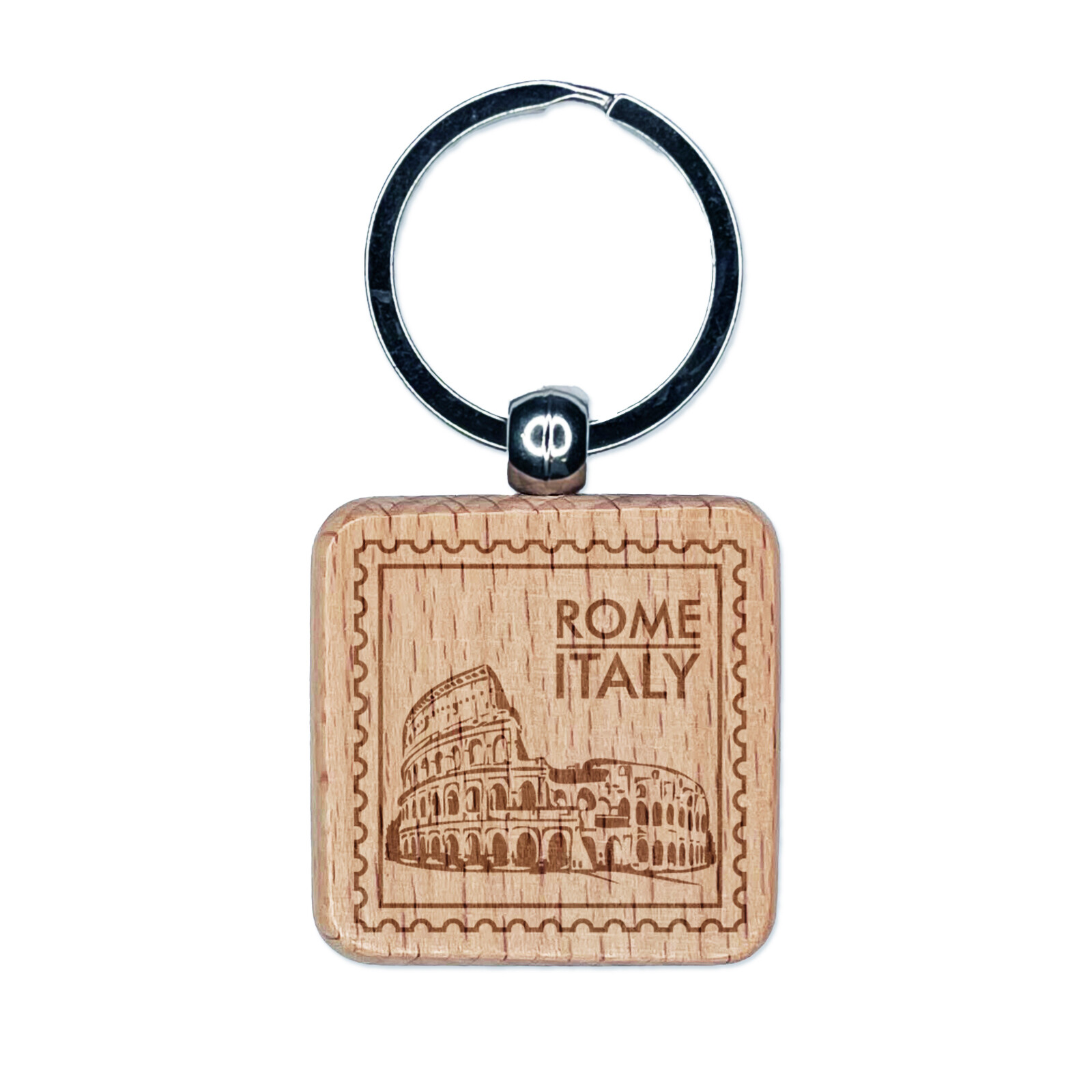 Colosseum Rome Italy Landmark Engraved Wooden Keychain Charm Tag