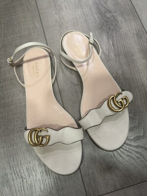 Gucci GG Marmont Sandals Flats Womens 39 Double G Brown Gold Leather Ankle Strap