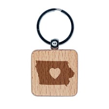 Iowa State with Heart Engraved Wood Square Keychain Tag Charm