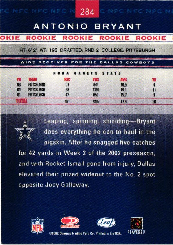 2002 Leaf Rookies & Stars - Rookie Antonio Bryant #284 (RC) - Image 2 of 2