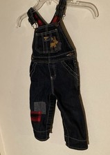 OshKosh Denim Overalls With Embroidered Moose Plaid Patches 18 Months Snap Leg