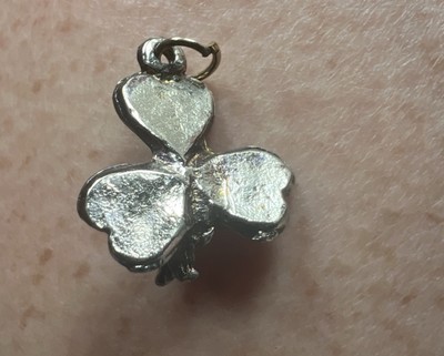 Unique  Three Leaf Clover Pendant  With Leprechaun On The Back Silver Tone