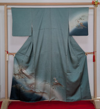 Authentic Japanese Silk Homongi Kimono Green Mother of Pearl Art Decor Luxury