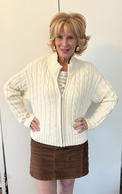 Cabi Chunky Cable Knit Zip Up Cardigan Ivory Cream - Classic  Styling  - Sz M 
