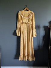 Vtg 1970 Psychedelic Floral Prairie Hostess Dress Yellow Orange Daisy Print Maxi