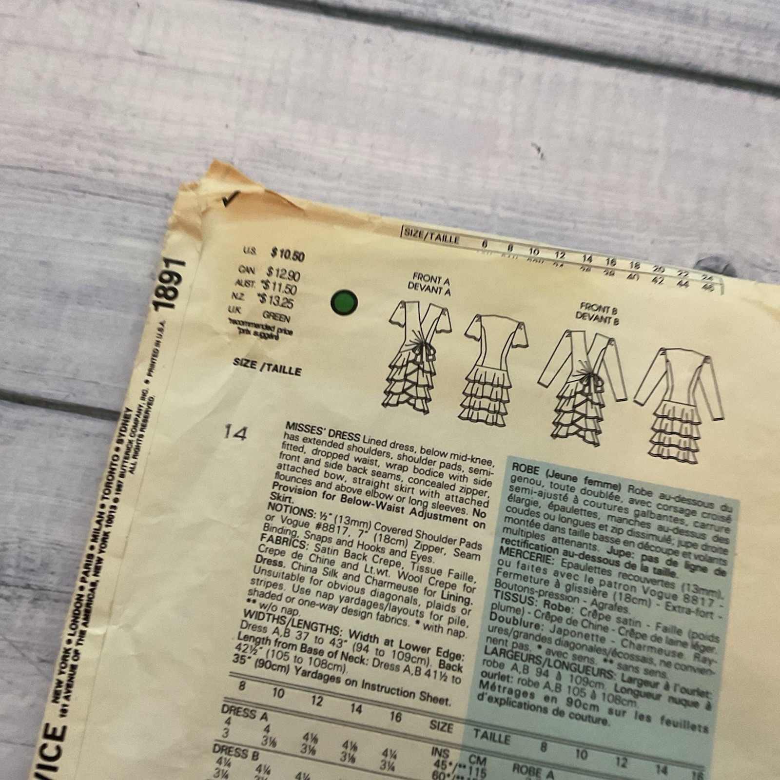 Pattern Colthings Vogue 1891 Sewing Pattern Dress Flounce Ruffles Dropped Waist Miss 14 ...