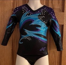 ALPHA FACTOR Black Teal Purple Rhinestone 3/4 Sleeve Gymnastics Leotard CS