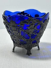 VINTAGE Corbell & Co Silver-plate Bowl Cobalt Blue Glass Cherubs Birds Marked