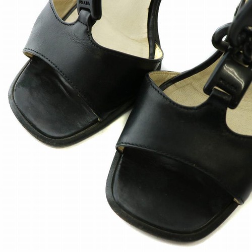 Prada Sandali Pelle Punta Quadrata Tacco Grosso Cinturino Catena Logo 36 Nero - Foto 3 di 8