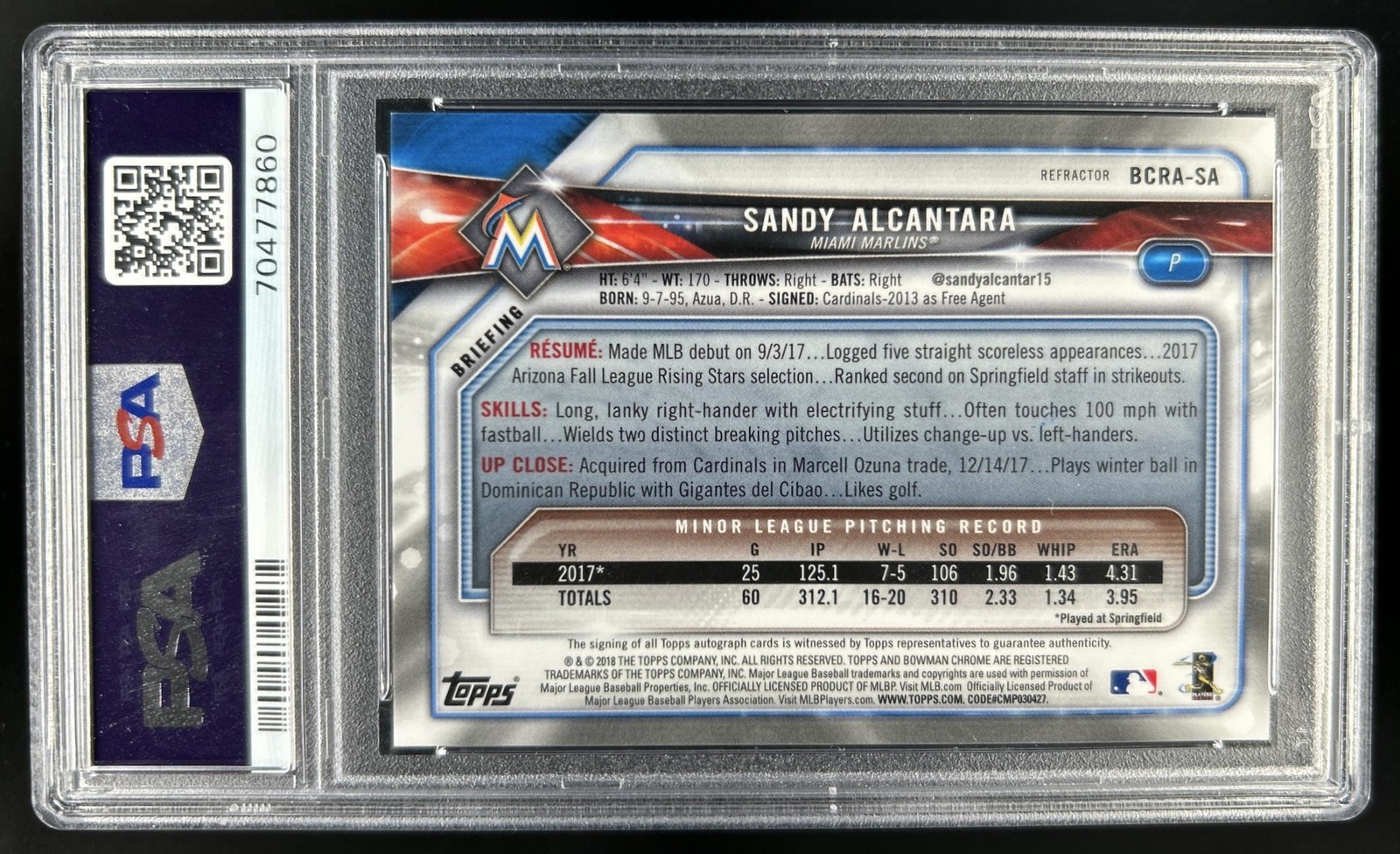 2018 Bowman Chrome Sandy Alcantara Rookie Auto Refractor RC #/499 Marlins PSA 8 view 2