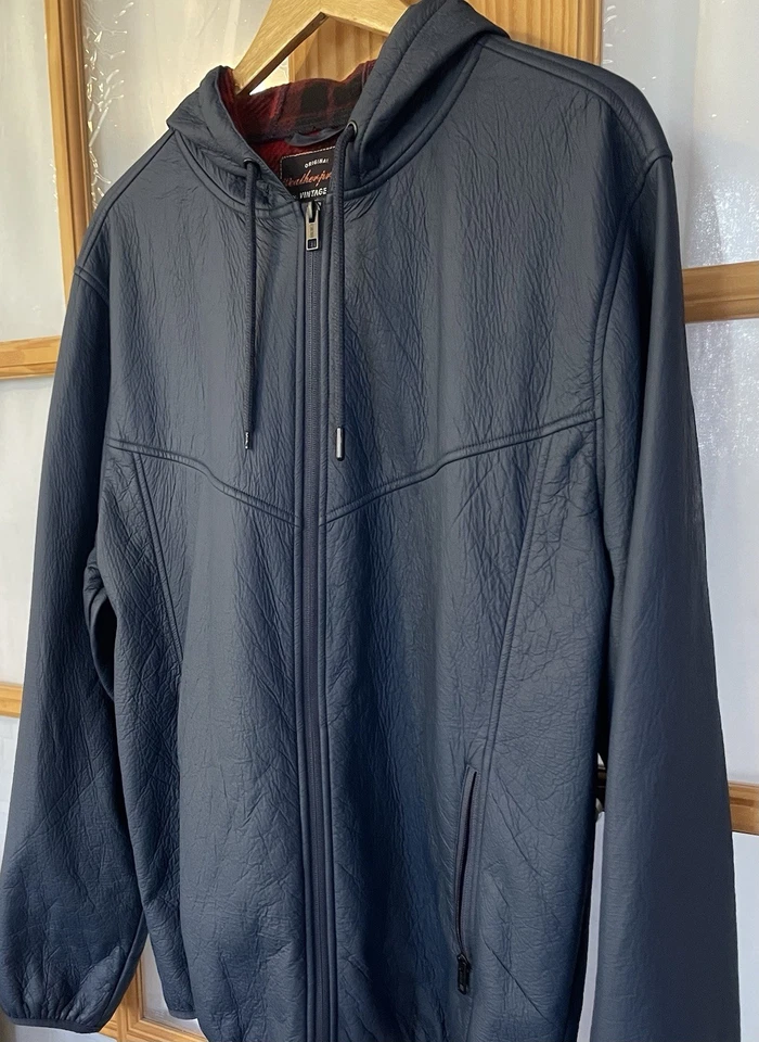 Chaqueta con Capucha Impermeable Imitación Cuero Adhesionada Polar Polar Polar Azul Marino Cremallera Completa Moderna Foto 3 de 4