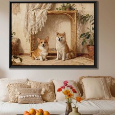 Corgi Dog Oil Painting Canvas Print Framed Pet Art Living Room Decor Vintage
