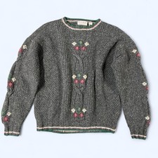 Vintage 90s 100 Wool Pullover Knit Crewneck Sweater Flower Detail Cottagecore