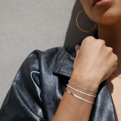 Adjustable Silver Chain Bracelets Set For Women & Men - Stainless Steel Stackable Link Bracelets, 7" + 2" Extender - View #3