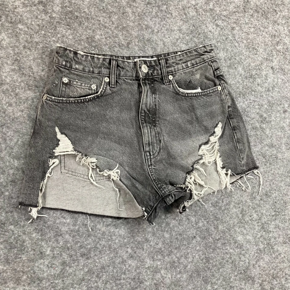 Pantalones Cortos Zara Mujer US 6 AU 10 W28 Negro Desteñido Envejecido Tiro Alto 35617 Foto 3 de 4