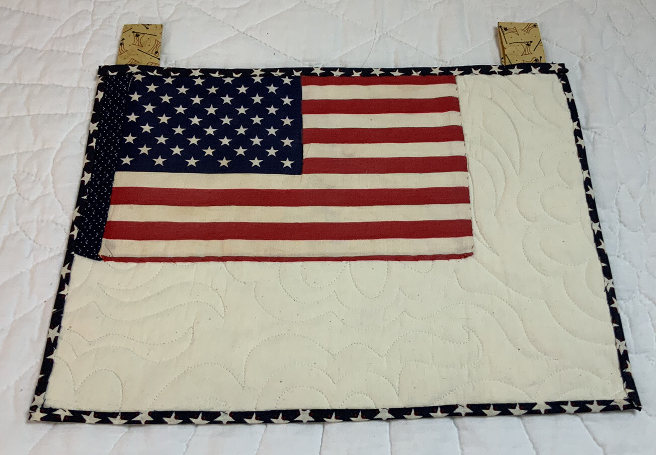 Small Quilt Wall Hanging, Vintage Flag, Machine Quilted, Red, Navy, Ivory