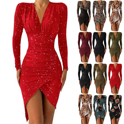 Sexy Women V Neck Bodycon Mini Dress Ladies Long Sleeve Evening Party Wrap Dress