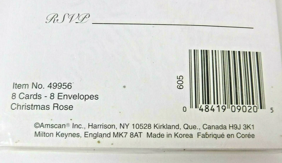 Amscan Christmas Rose Holiday Party 8 Invitations Envelopes New #49956 - Image 4 of 4