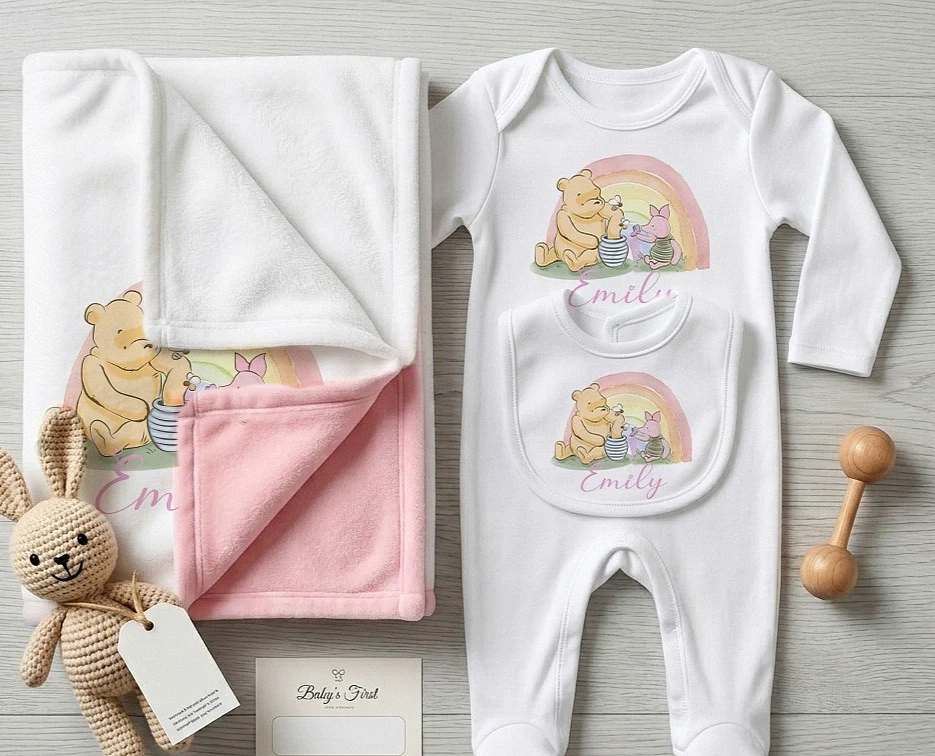 Personalised pooh bear toddled new-born outfit, baby shower blanket bib romper