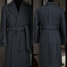 Herringbone Men's Overcoats with Belt Double Breasted Outdoor Warm Long Coats