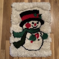 Vintage Handmade Latch Hook Christmas Rug Wall Hanging Snowman Kitschy 20 x 28  