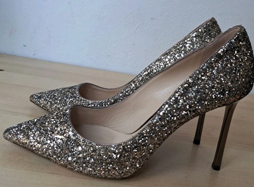 Jimmy Choo Romy 100 Gold Glitter Pointed Toe Court Shoes Heels UK 7 EU 40 VGC