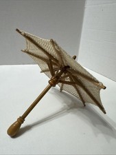 Beige Doll Parasol Miniature Crochet Lace Umbrella Wooden Wood Handle